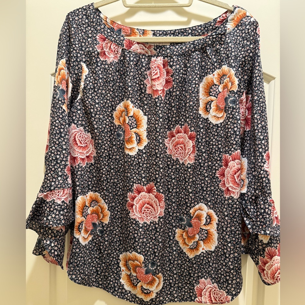 NWOT- LOFT outlet Navy Floral Blouse with Pink and Orange Accents